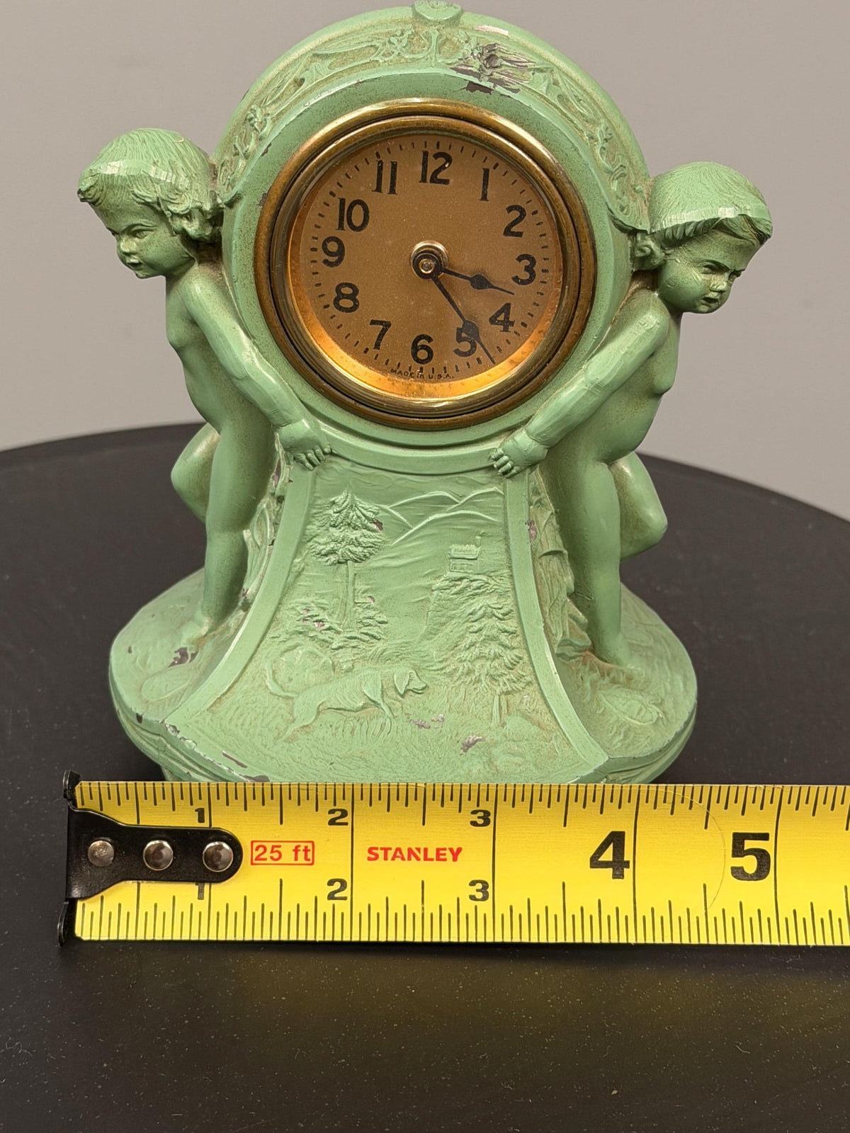 Antique Figural Cherub Mantel Clock Made in the USA, Green Painted Metal Table Clock