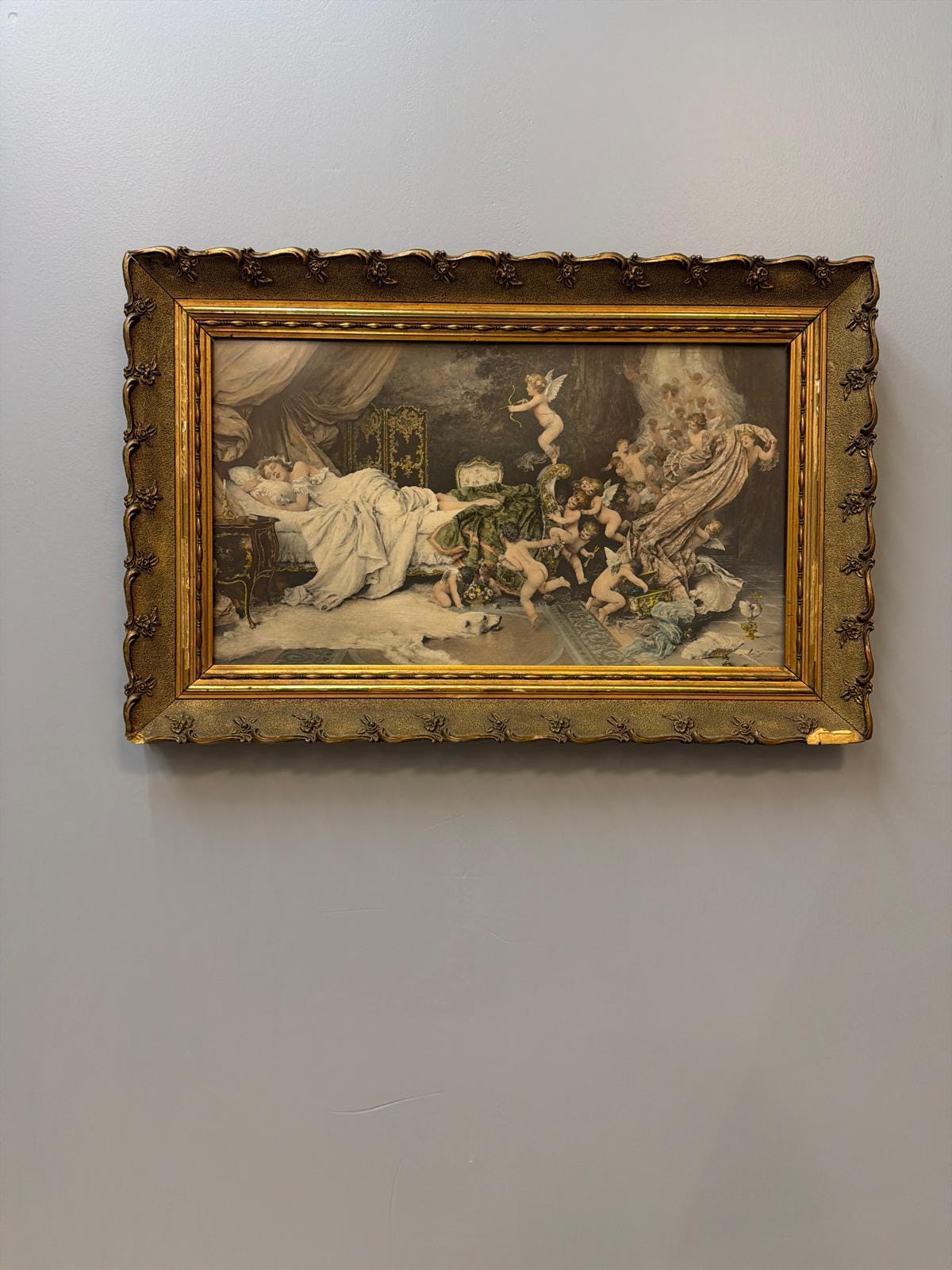 Vintage Ornate Gold Gilt Framed Angel Scene Wall Art Romantic Classical European Style Decor