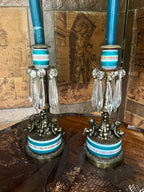 Antique Brass Cherub Candle Holders Crystal Prism Accents Porcelain Base Floral Band French Rococo Style Pair Romantic Shabby Chic Decor