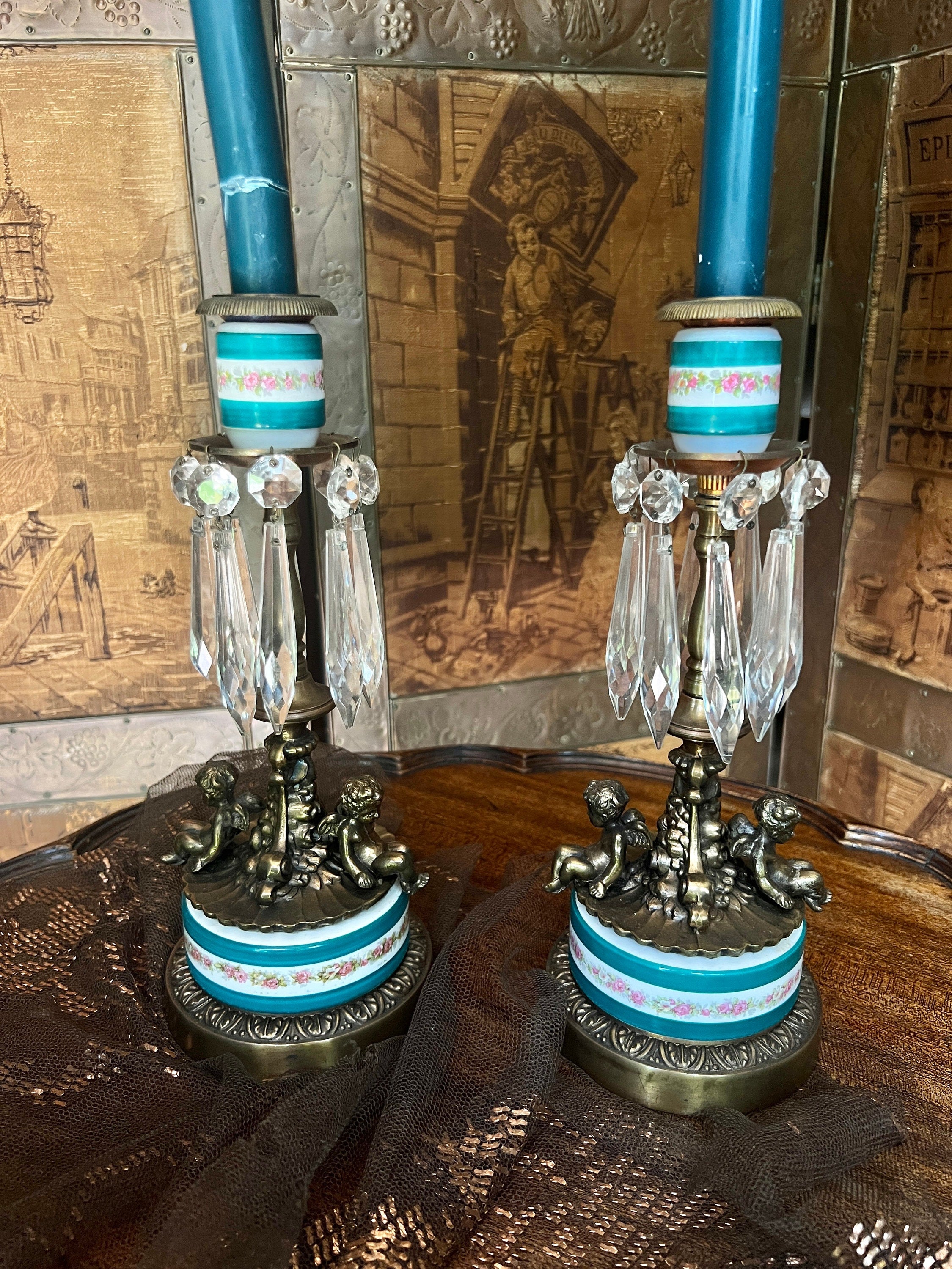 Antique Brass Cherub Candle Holders Crystal Prism Accents Porcelain Base Floral Band French Rococo Style Pair Romantic Shabby Chic Decor
