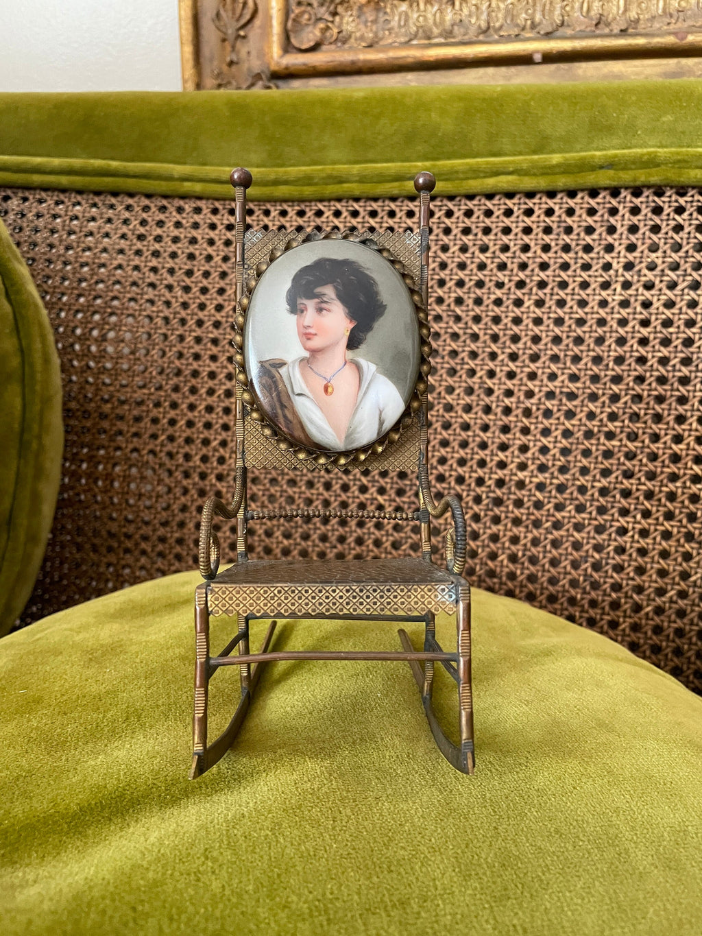 Antique Miniature Bronze Rocking Chair Portrait Enamel Backrest Ornate Victorian Display Chair Rare Collectible Home Decoration Piece