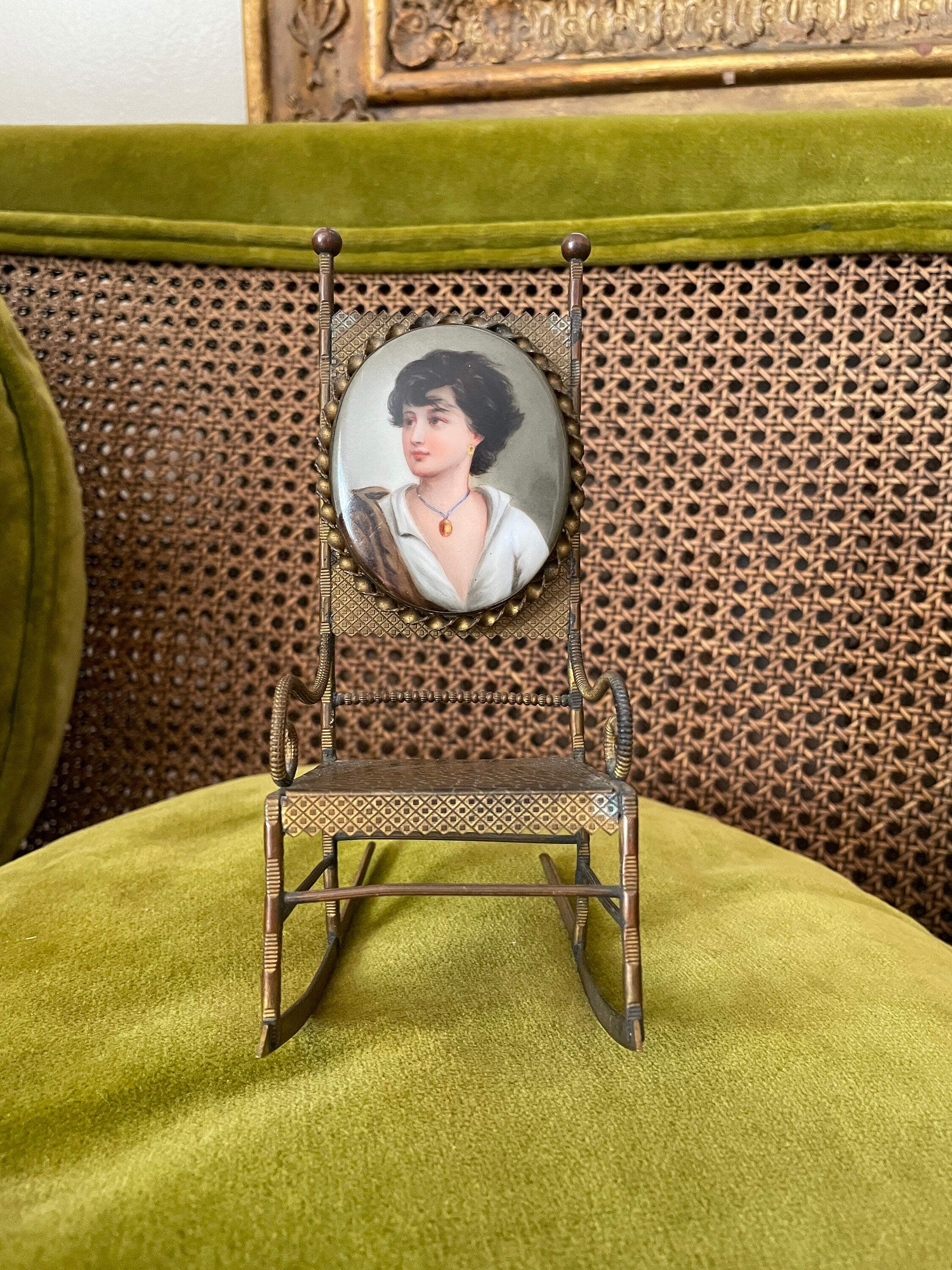 Antique Miniature Bronze Rocking Chair Portrait Enamel Backrest Ornate Victorian Display Chair Rare Collectible Home Decoration Piece