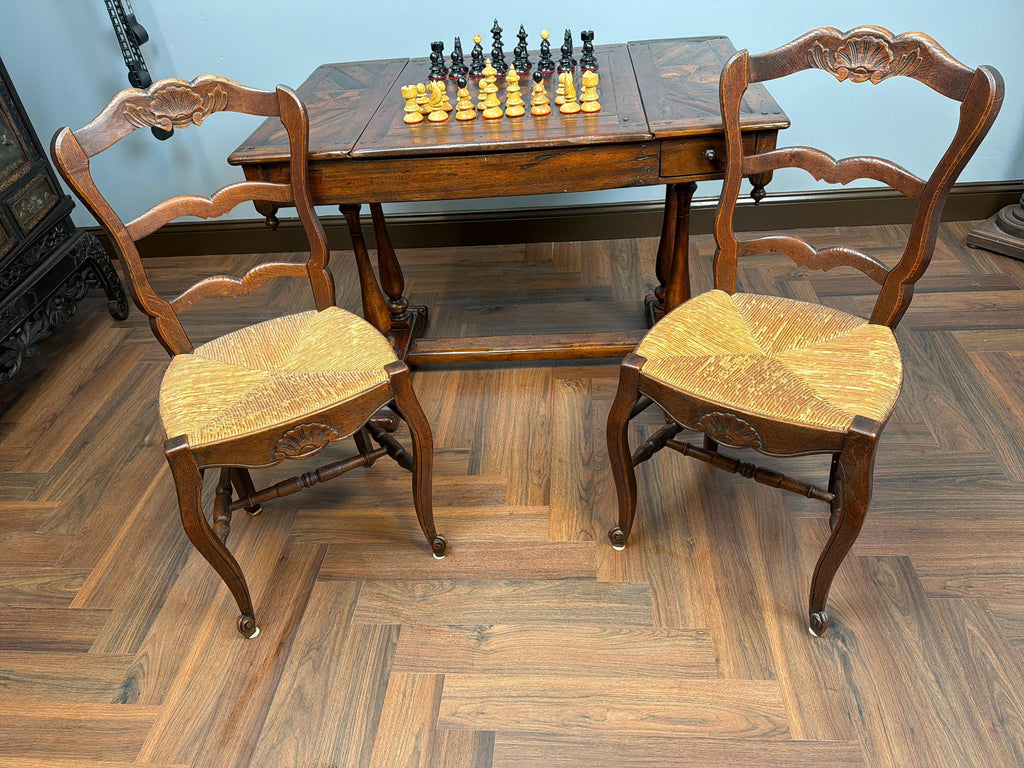 Antique Handcarved Walnut Chess Table, Backgammon Game by Theodore Alexander