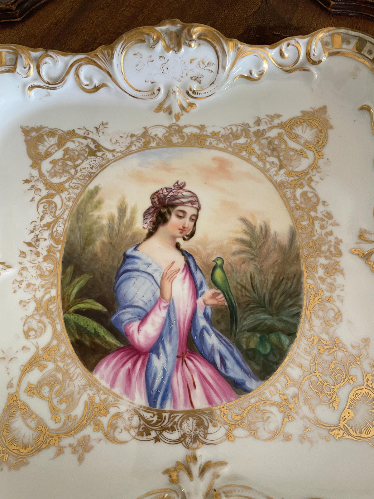 Antique Hand Painted Porcelain Tray Rococo Gold Gilt French Style Victorian Wall Hanging Figurative Decorative Plate Collectible Art Piece
