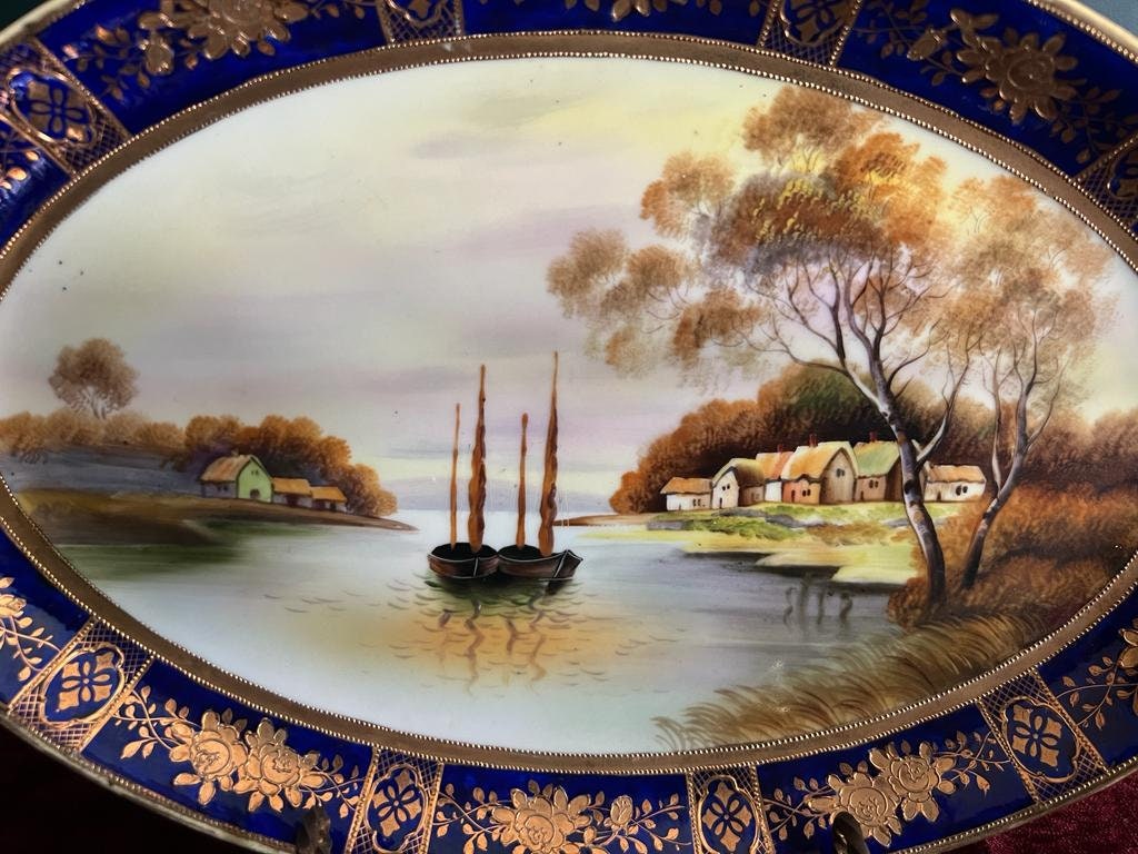 Vintage Japan Porcelain Plate Set Cobalt Blue Gold Trim Scenic Lake Village Landscape Hand Painted Display Art Decor Collectible Elegant