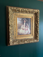 Large Victorian Gilt Frame Oil Painting of Two Girls Antique Style Rococo Wall Art Romantic Portrait Ornate Gold Decoration Statement Piece