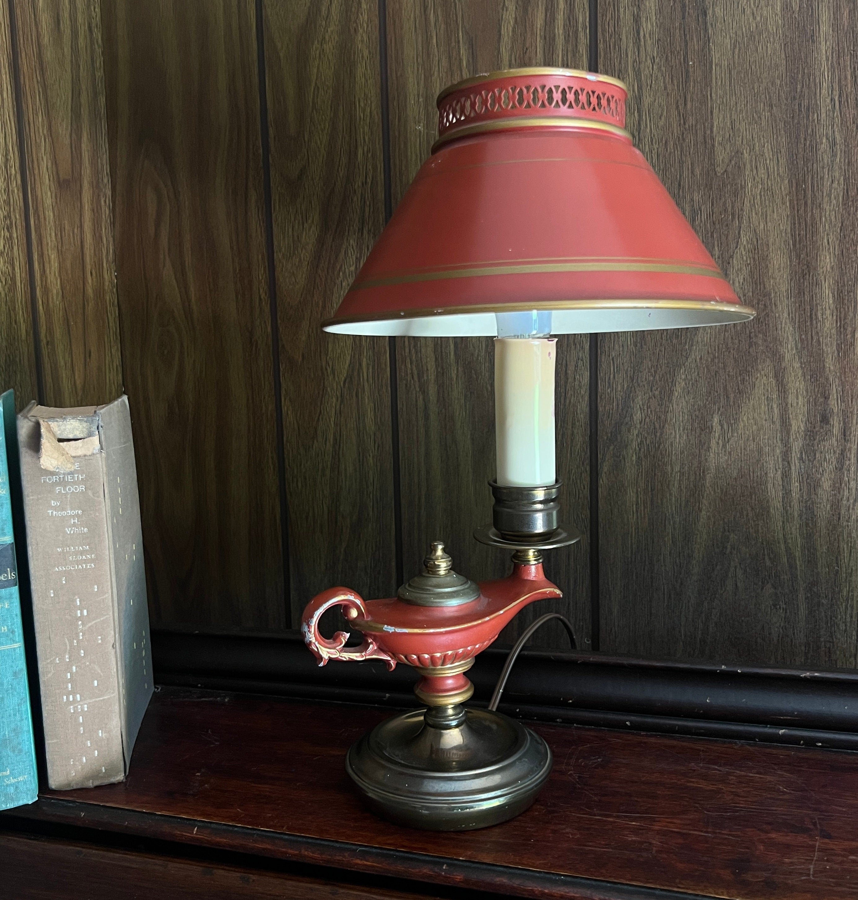 Vintage Aladdin Style Genie Lamp Table Light Unique Red Brass Metal Shade Accent Lighting Magic Oil Lamp Shape Mid Century Decor Gift Idea