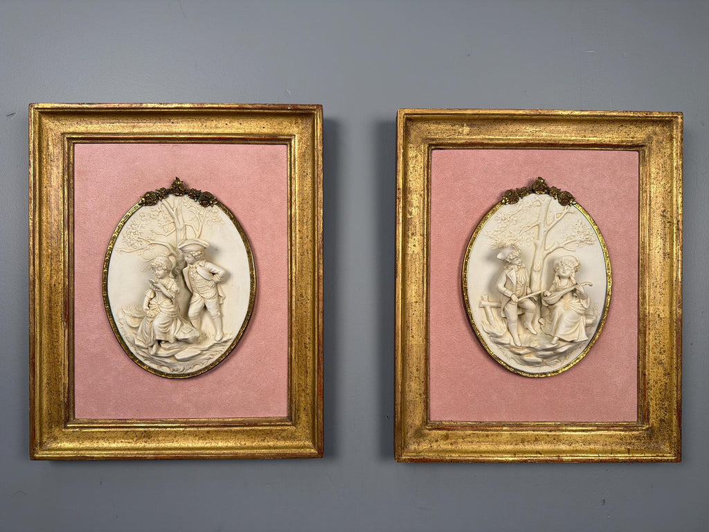 Antique Bisque Porcelain Wall Plaques Pair, French Rococo Gilt Framed Romantic Scene Panels
