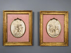 Antique Bisque Porcelain Wall Plaques Pair, French Rococo Gilt Framed Romantic Scene Panels