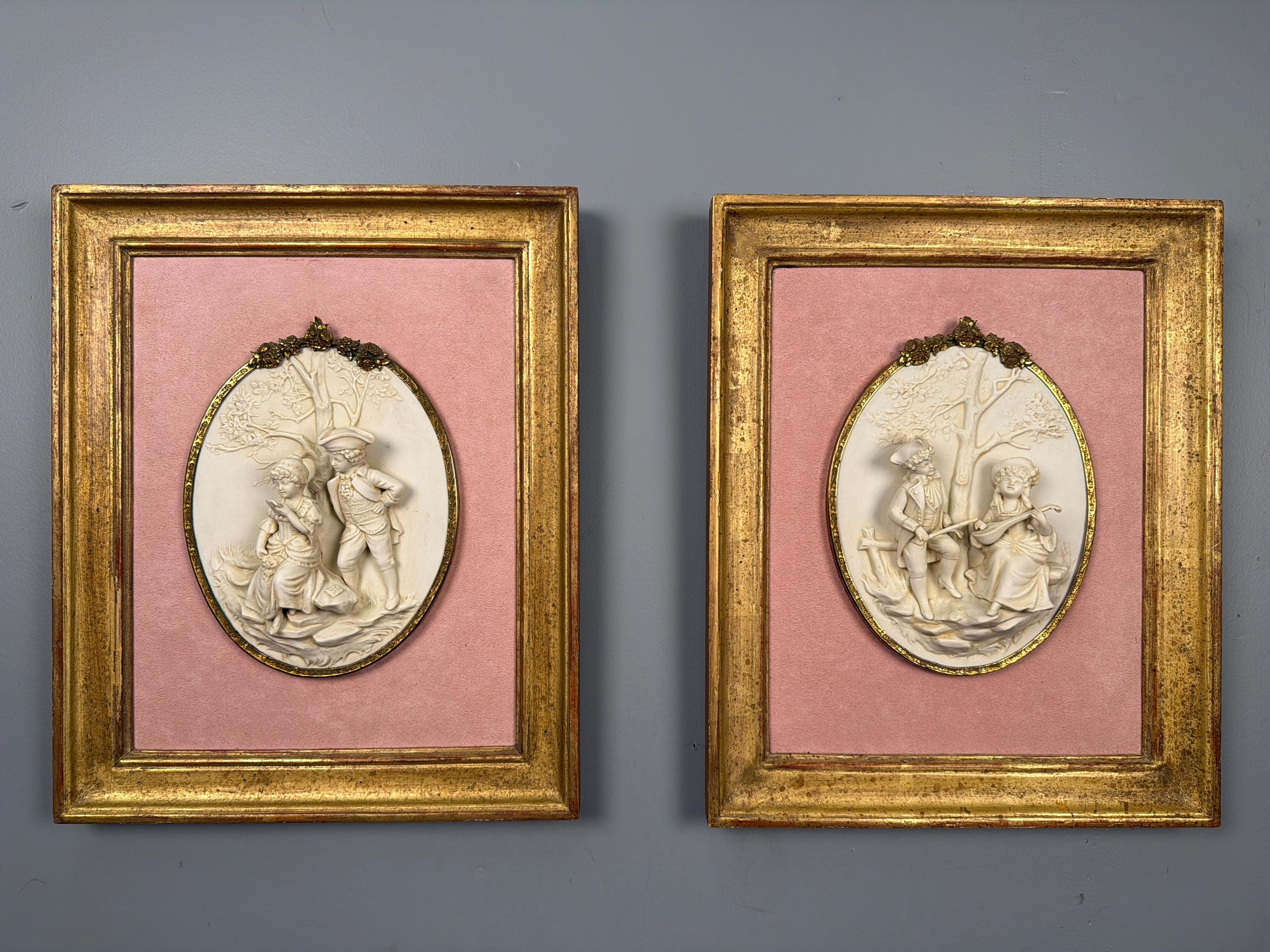 Antique Bisque Porcelain Wall Plaques Pair, French Rococo Gilt Framed Romantic Scene Panels