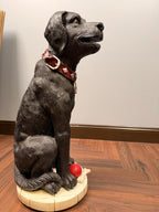 Vintage Black Labrador Dog Statue with Ball and Bone Resin Sculpture