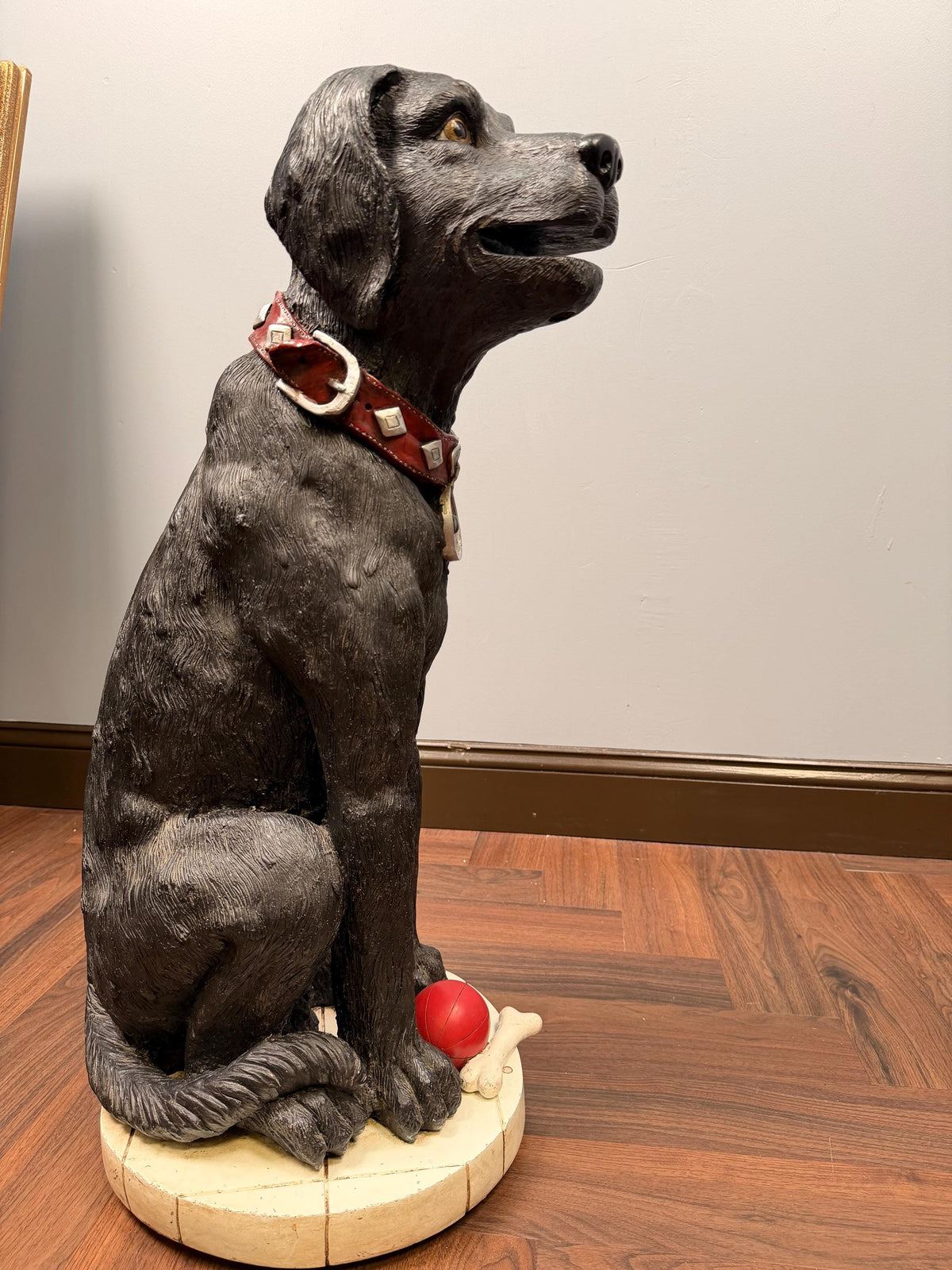 Vintage Black Labrador Dog Statue with Ball and Bone Resin Sculpture