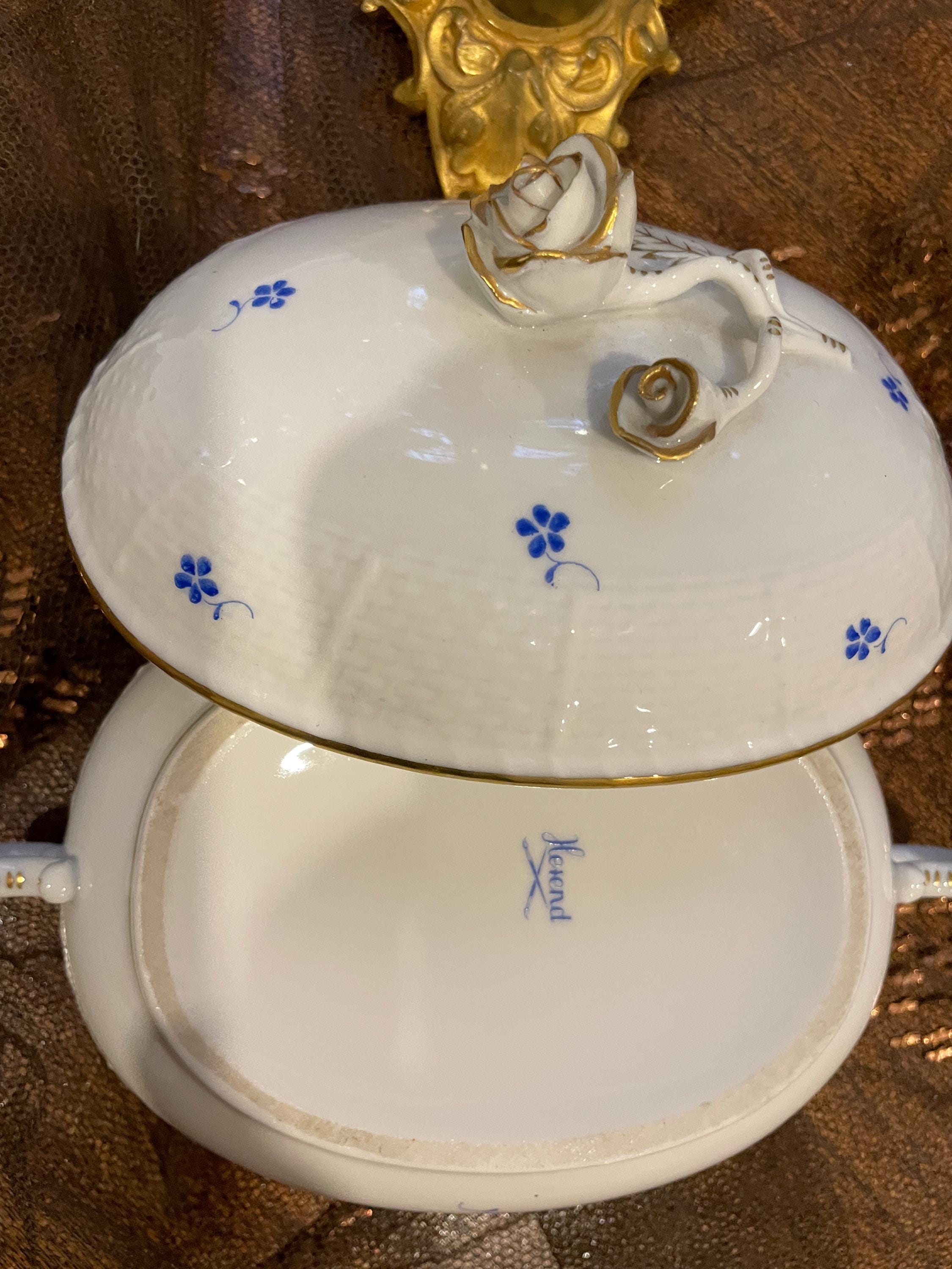 Vintage Herend Porcelain Covered Dish Floral Gold Accents Rose Handle Hungary Handmade Elegant Collectible Kitchen Centerpiece Tableware