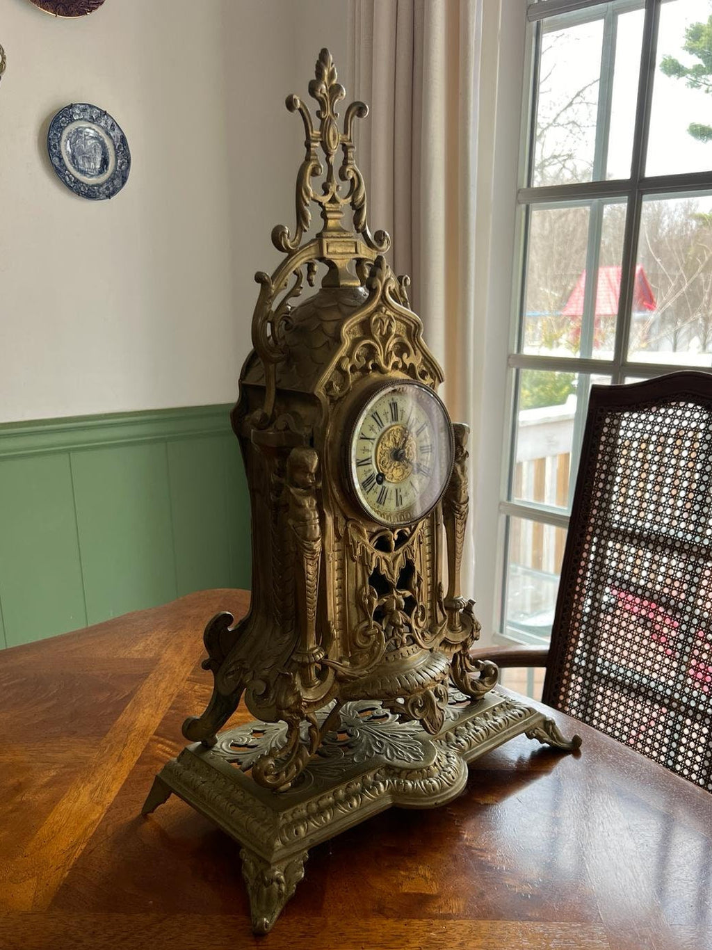 Antique French Brass Mantel Clock Rococo Style Decorative Piece Elegant Design Working Condition Statement Decor Collectible Treasure