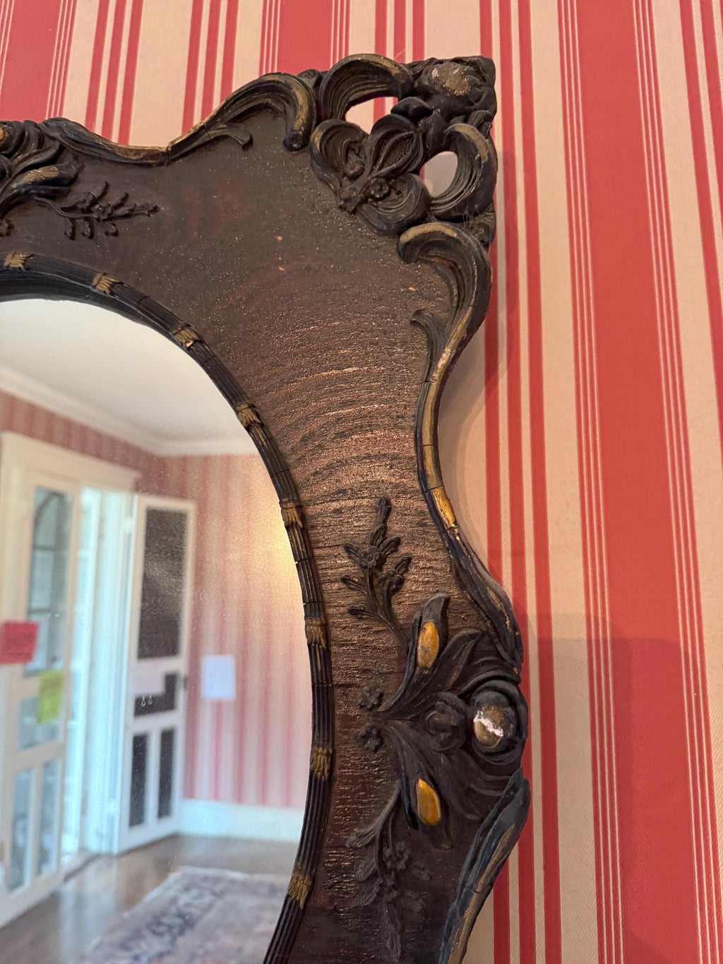 Antique Victorian Wall Mirror Ornate Carved Oval Mirror Gilded Accents Gothic Gesso Rococo Decor Dark Wood Baroque French Luxurious Mirror