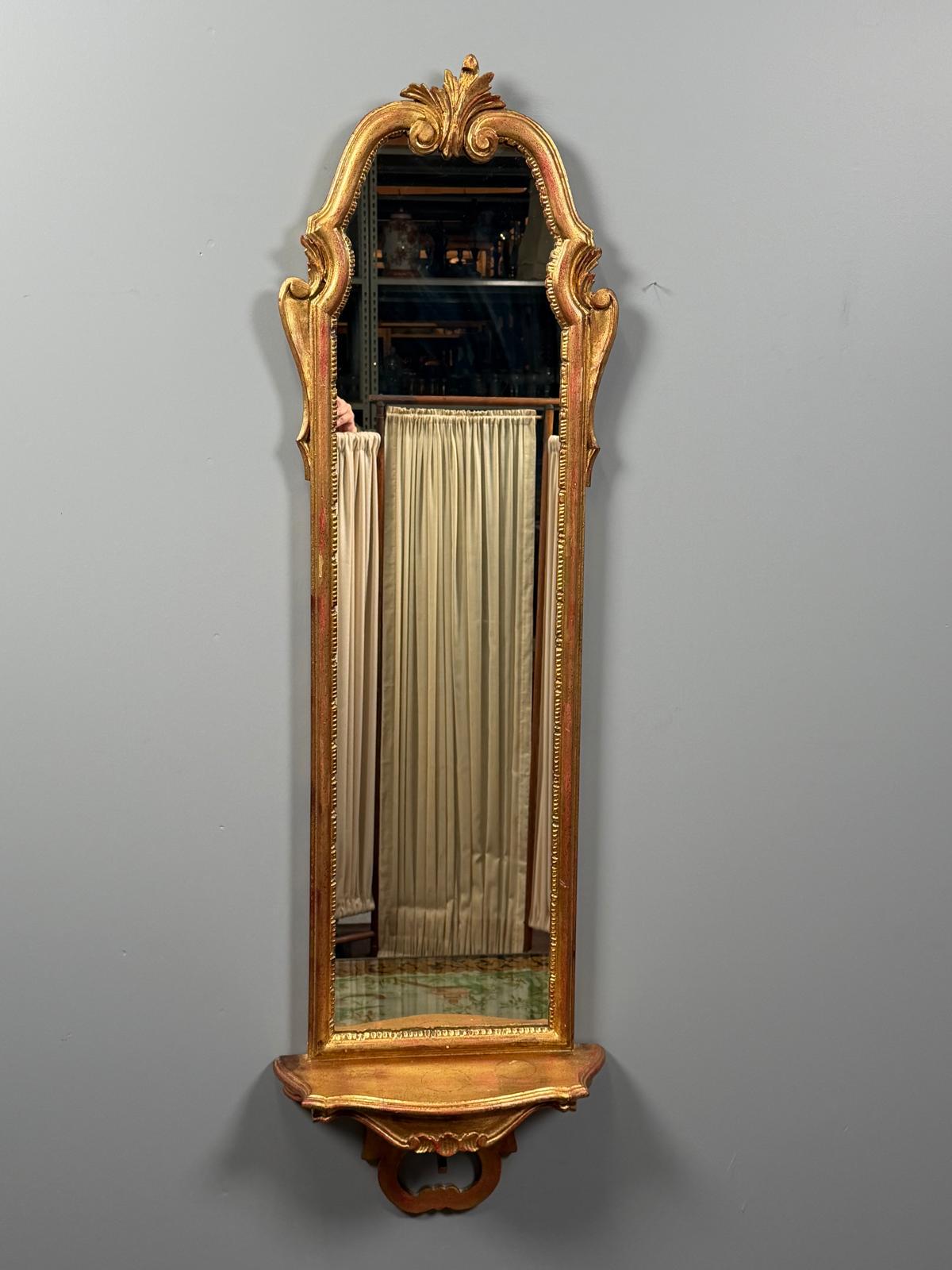 Vintage Italian Narrow Gilt Wall Mirror with Shelf, Ornate Gold Florentine Style Narrow Entryway Hall Mirror