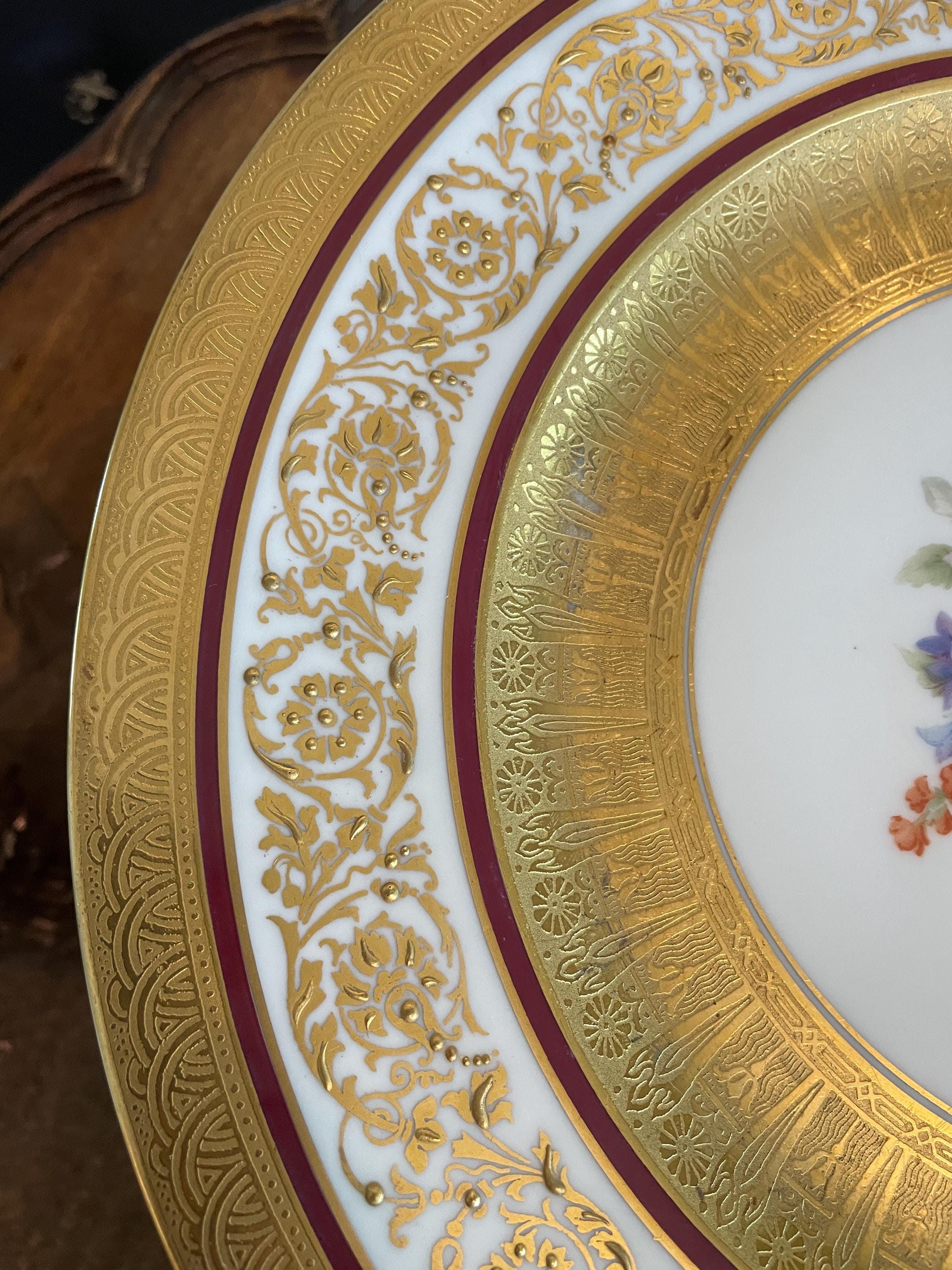 Vintage Bavaria Gold Gilded Floral Porcelain Dinner Plates Set of 9 Hand Painted Green Band Tableware Set Collectible Plates Dinnerware Set