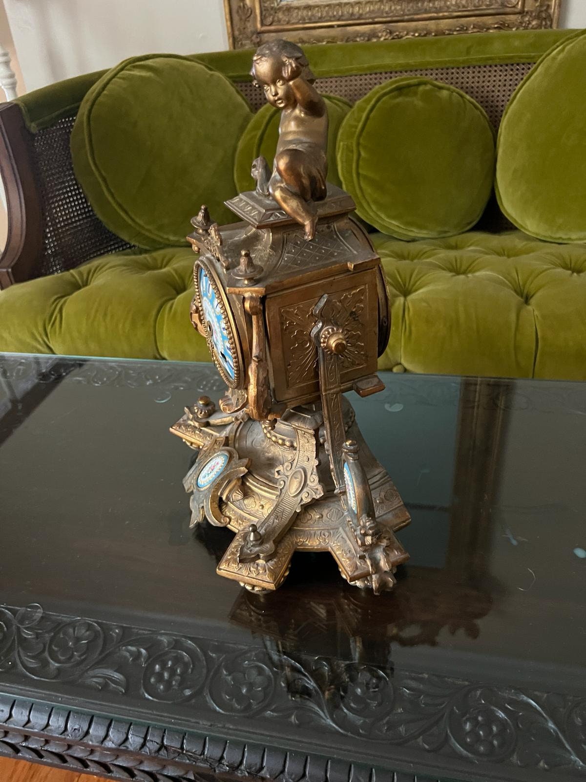 Antique French Bronze Cherub Mantel Clock Blue Porcelain Accents Rococo Gilt Rare Old Home Decor Unique Collectible Table Decoration