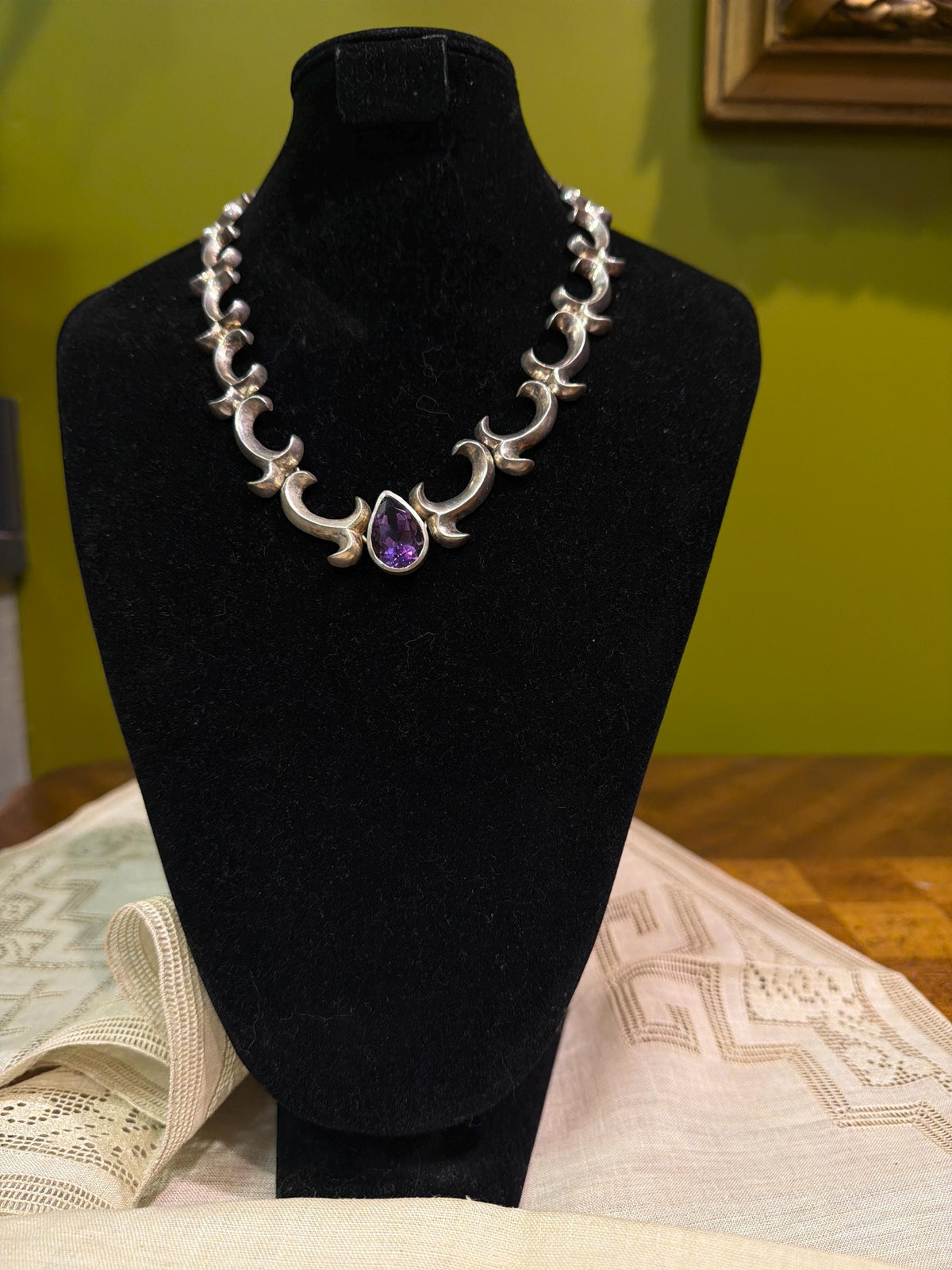 Vintage Taxco Sterling Silver Amethyst Necklace, Modernist Mexican Silver Statement Necklace, Sculptural 925 Link Necklace, Artisan Jewelry
