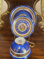 Vintage Set of 3 Blue & Gold Trim Froganard Design Collectible Cup Saucer Plate
