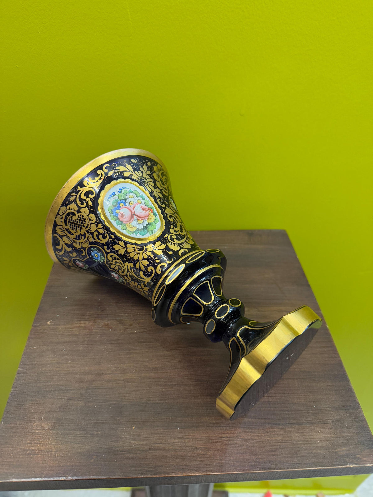 Antique Bohemian Enamel Gilded Art Glass Cobalt Blue Hand Painted Vase Goblet  Floral Medallions Moser Style Decorative