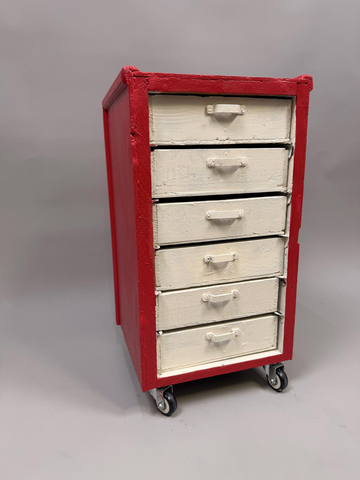 Vintage Wooden Rolling Drawer Cabinet, 6 Drawer Workshop Organizer, Rustic Storage Chest