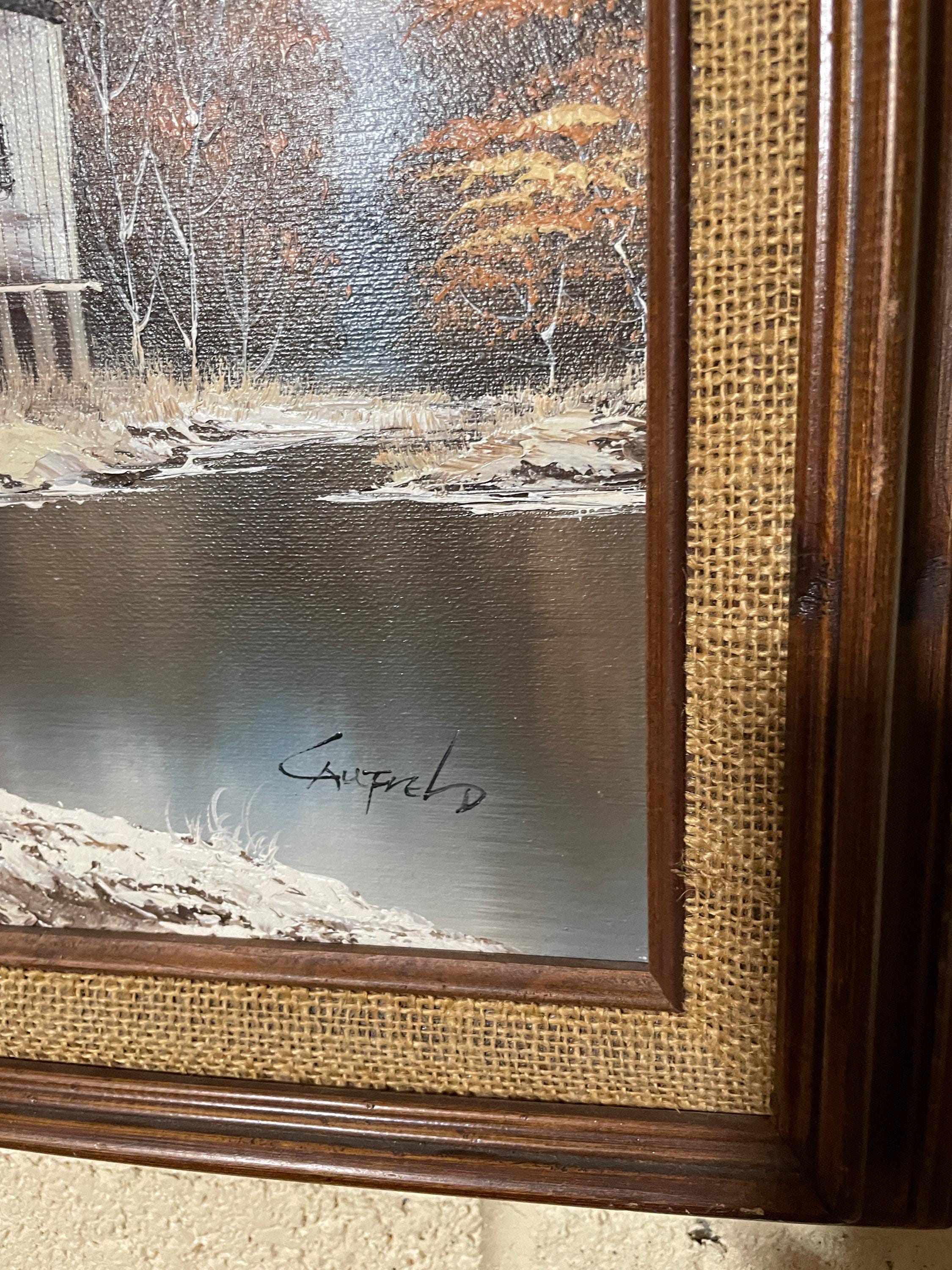 Vintage Autumn Landscape Painting Signed Countryside Mill Scene Rustic Wood Frame Wall Art Cabin Decoration Lake House Style Cozy Charm