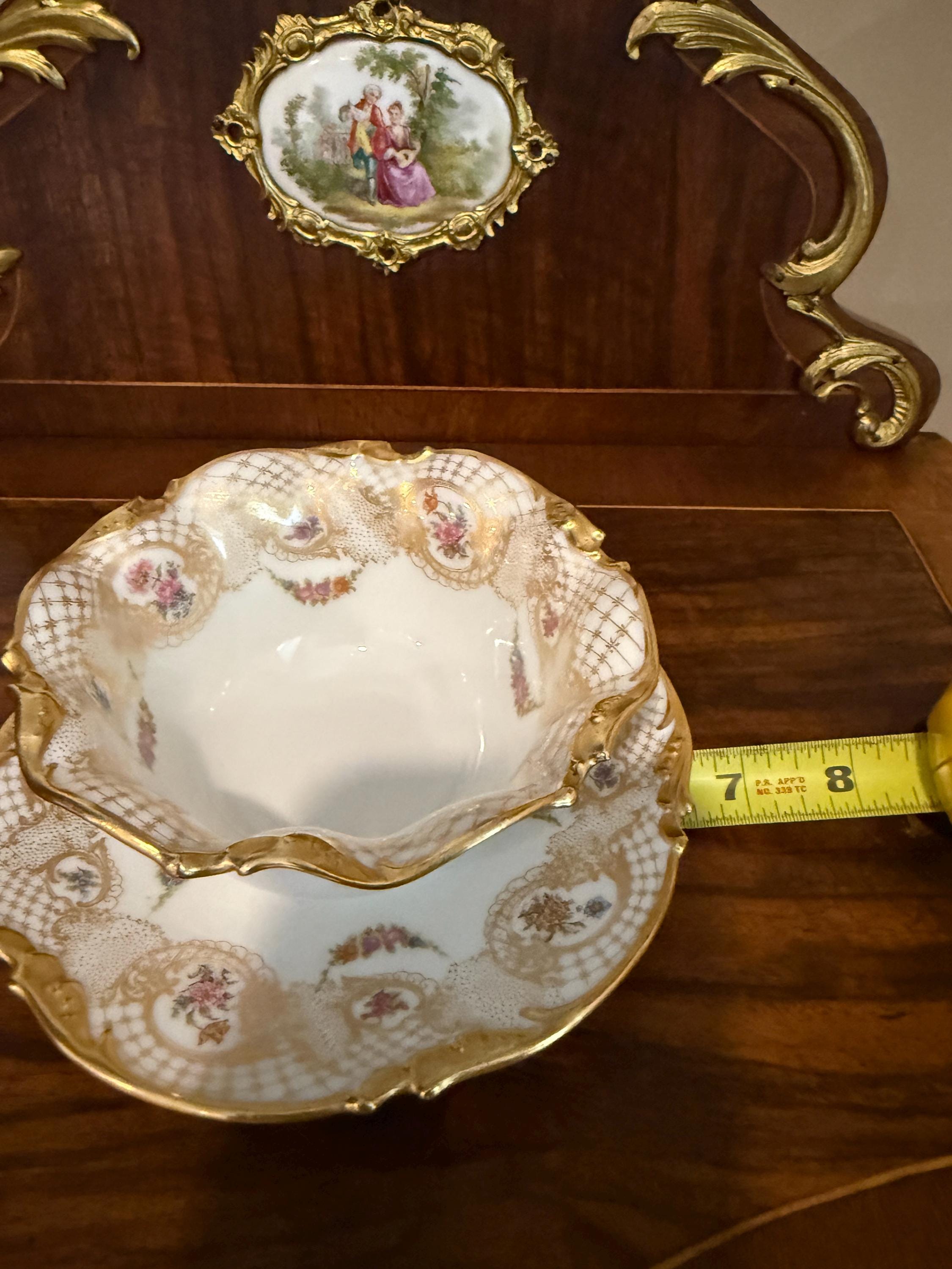 Antique French Limoges Porcelain Bowl Attached Underplate One-Piece Bowl Saucer Hand Painted Roses & Gold Gilt Serving Dish fixed Under-tray
