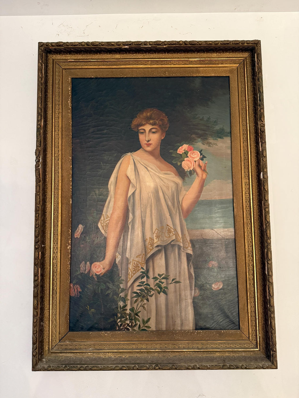 Antique Classical Oil Painting of a Woman with Roses | 19th Century Style Gilded Frame Wall Art Collectible Antique Artwork Home Decoration