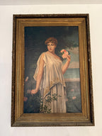 Antique Classical Oil Painting of a Woman with Roses | 19th Century Style Gilded Frame Wall Art Collectible Antique Artwork Home Decoration