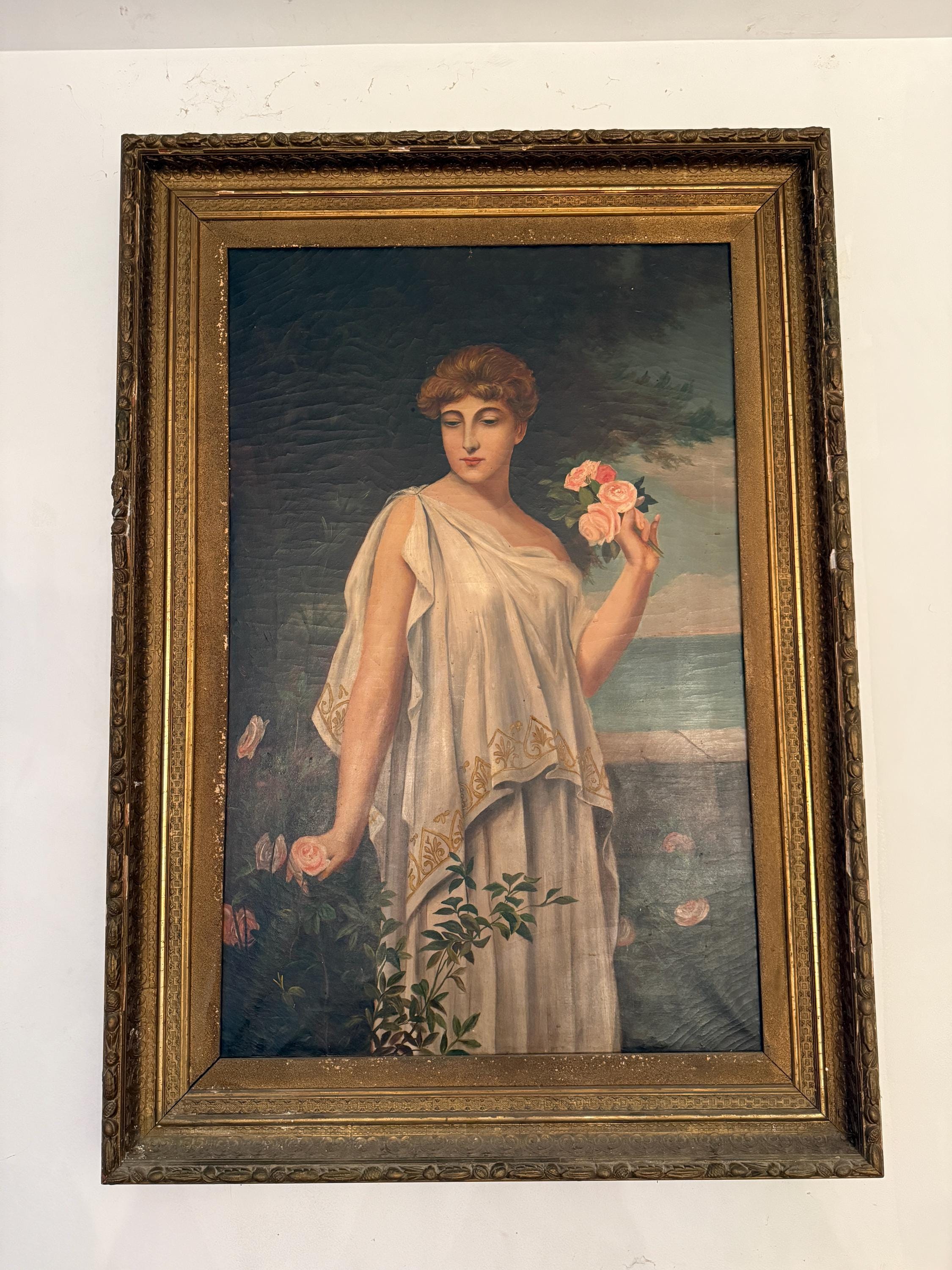 Antique Classical Oil Painting of a Woman with Roses | 19th Century Style Gilded Frame Wall Art Collectible Antique Artwork Home Decoration