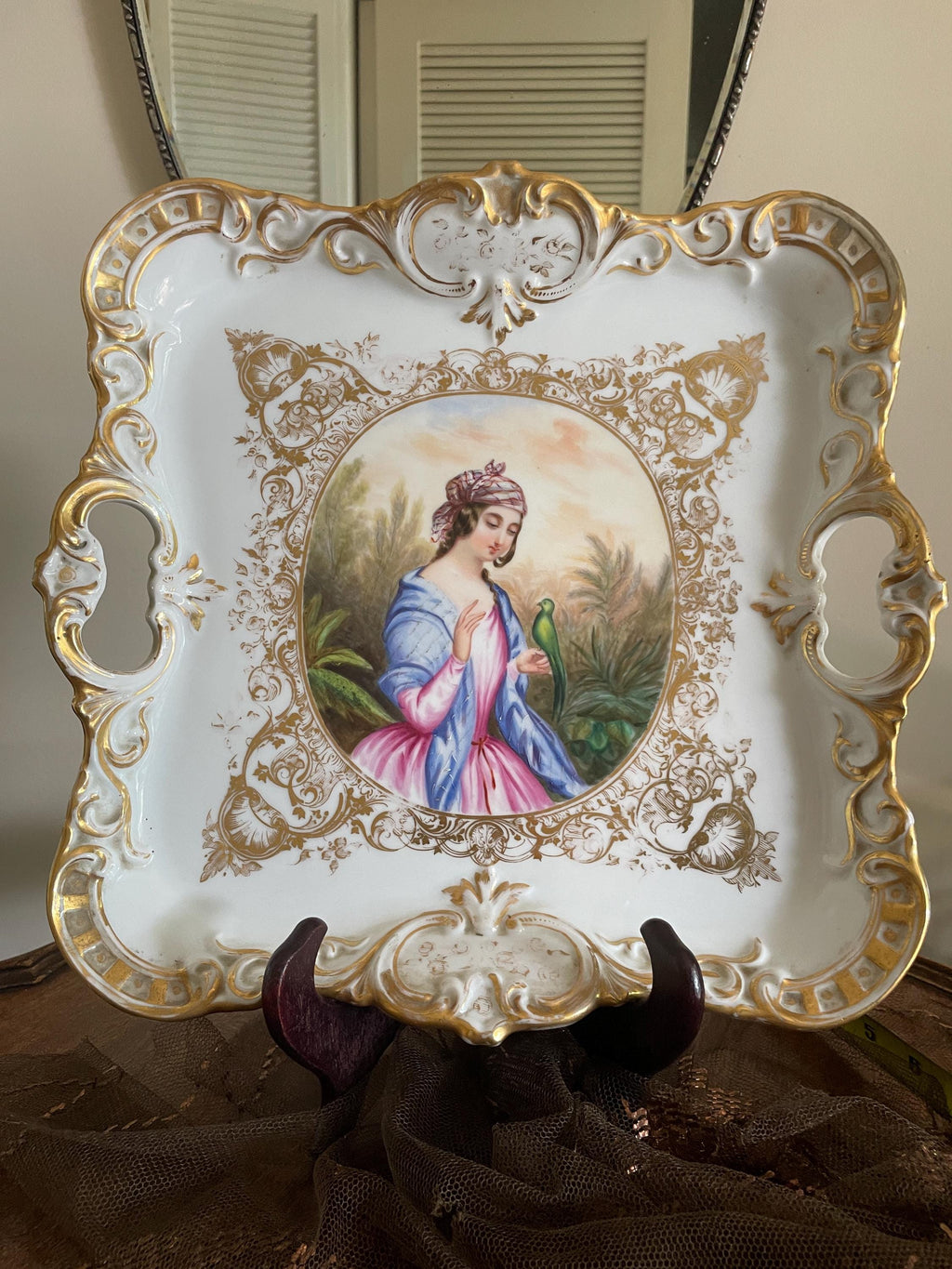 Antique Hand Painted Porcelain Tray Rococo Gold Gilt French Style Victorian Wall Hanging Figurative Decorative Plate Collectible Art Piece