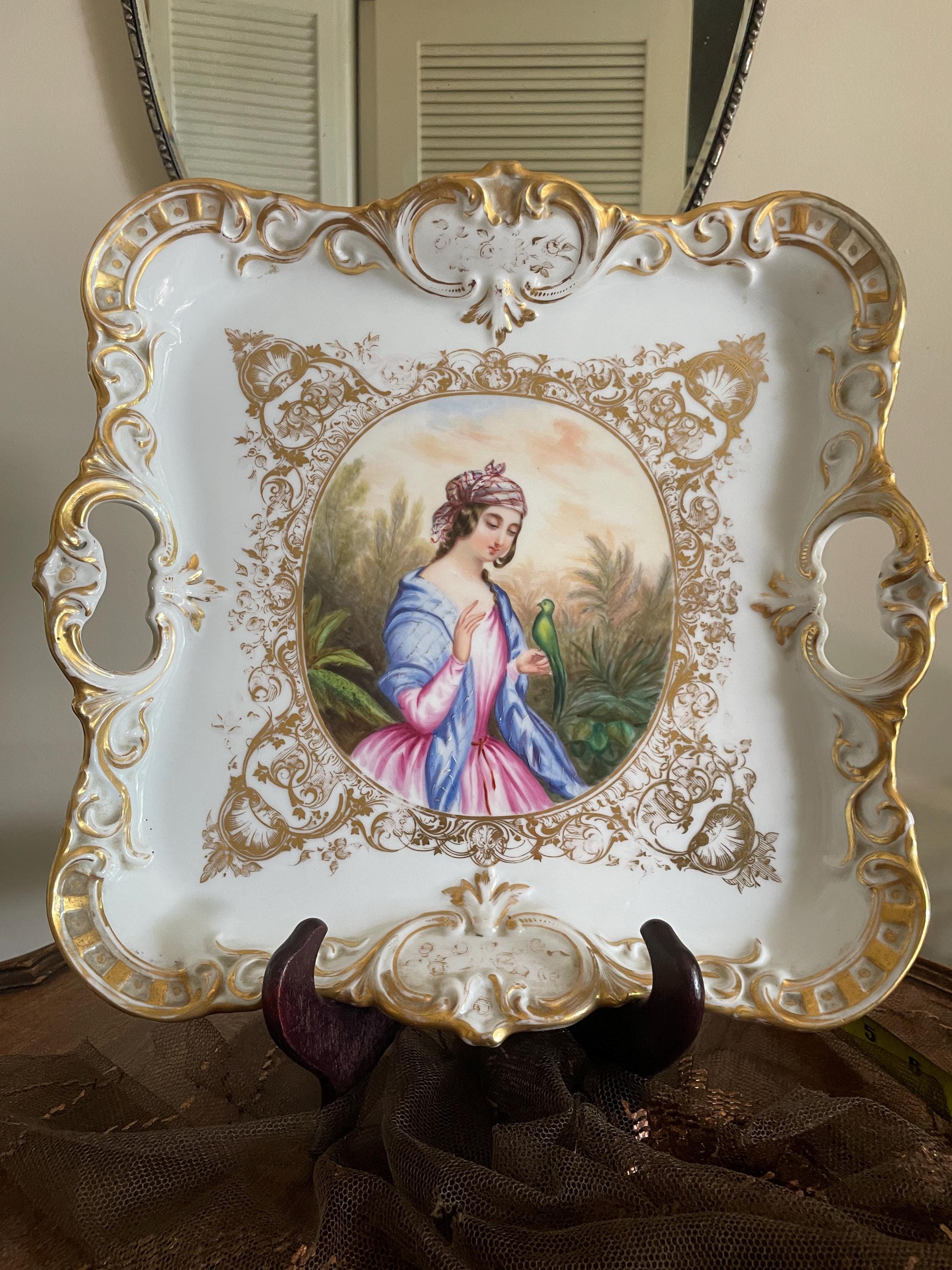 Antique Hand Painted Porcelain Tray Rococo Gold Gilt French Style Victorian Wall Hanging Figurative Decorative Plate Collectible Art Piece