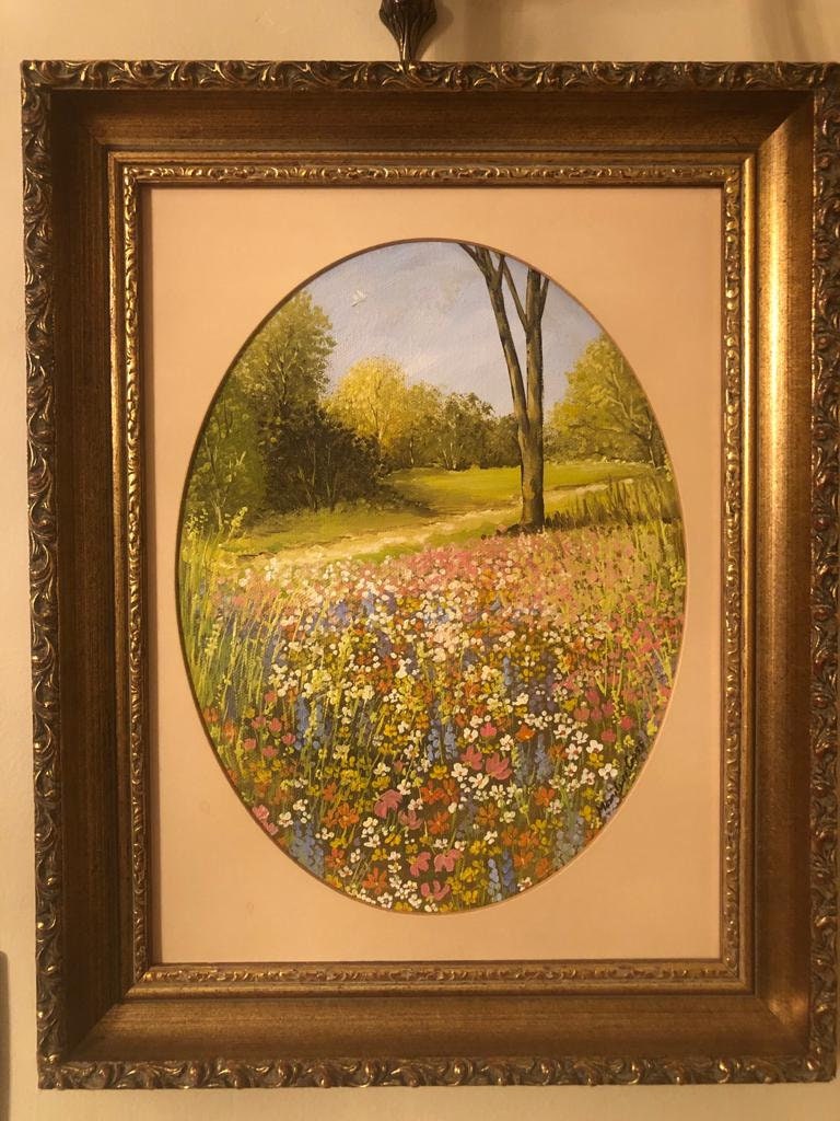 Vintage Oval Framed Wildflower Landscape Painting Signed by Artist Marilyn Goff Peaceful Countryside Cottage Meadow Garden Scene Decoration