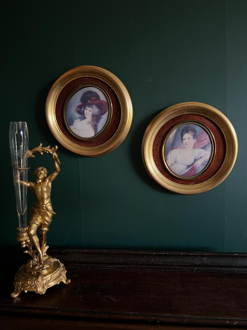 Pair Of Framed Miniature Portraits Gold Round Frame Romantic Women Wall Art Antique Style Velvet Backing Classical Interior Decoration