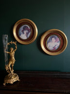 Pair Of Framed Miniature Portraits Gold Round Frame Romantic Women Wall Art Antique Style Velvet Backing Classical Interior Decoration