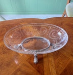 Antique Crystal Oval Bowl on Silverplate Footed Stand Cut Glass Fruit Dish Decorative Centerpiece Floral Garland Neoclassical Elegant Style