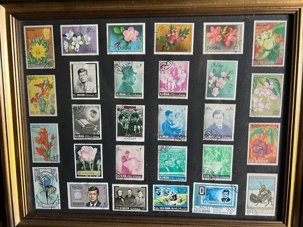 Framed Vintage International Postage Stamp Collection Floral Portraits Political Leaders Mid Century Wall Decor Gift Idea Collectible Art