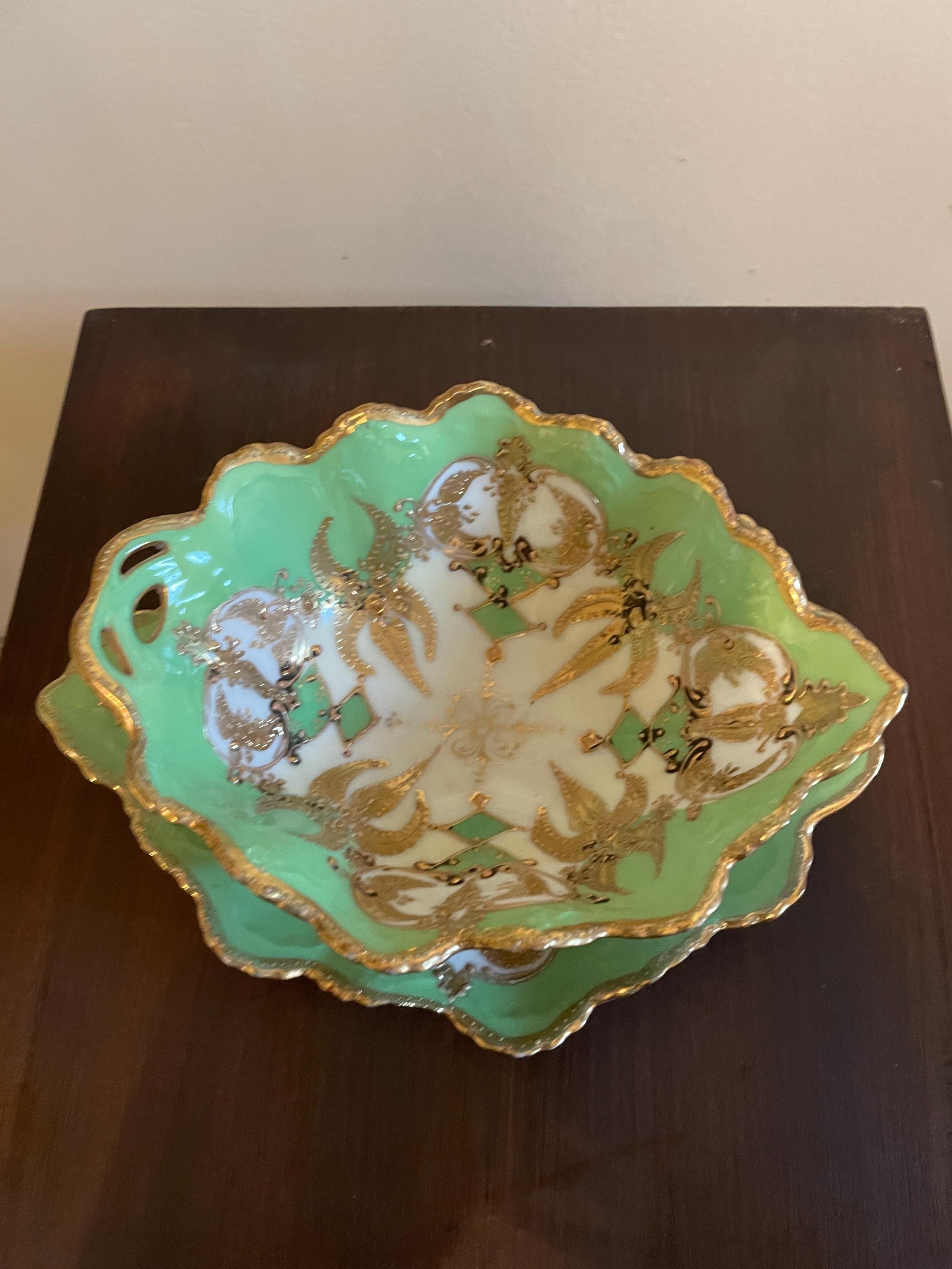 Antique Green Gold Porcelain Bowl Set Hand Painted Scalloped Edge Plates Mid-Century Serving Dish Tableware Sauce Serving Bowl Home Decor