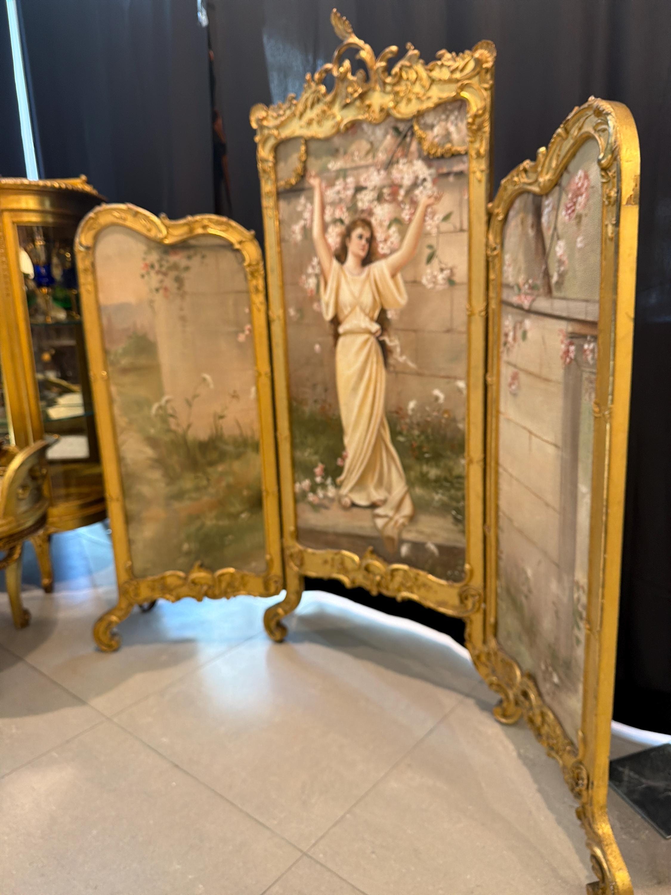 Antique French Rococo Folding Screen: Hand-Painted Silk Panels, Gilt Wood Louis XV Style