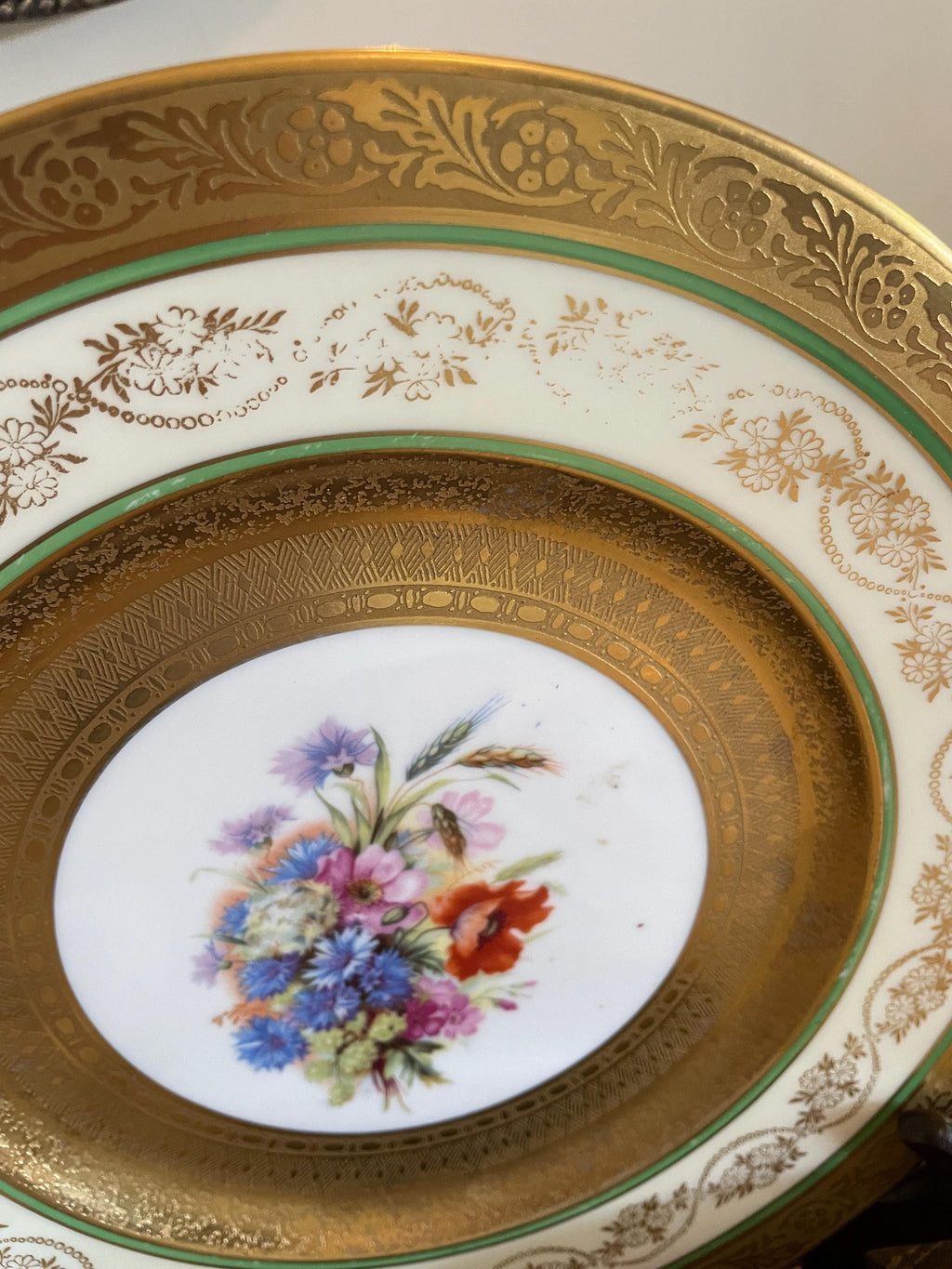 Vintage Bavaria Gold Gilded Floral Porcelain Dinner Plates Set of 9 Hand Painted Green Band Tableware Set Collectible Plates Dinnerware Set