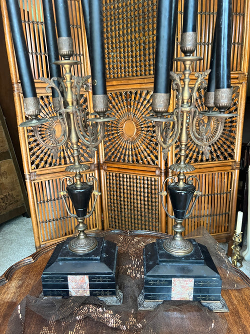 Antique Bronze Black Marble Five Light Candelabra Pair Empire Style Classical Urn Shape Candle Holders Home Decor Regency French Accent