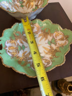Antique Green Gold Porcelain Bowl Set Hand Painted Scalloped Edge Plates Mid-Century Serving Dish Tableware Sauce Serving Bowl Home Decor