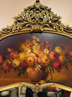 Antique French Rococo Style Gilt Wood Trumeau Mirror with Hand-Painted Floral Panel