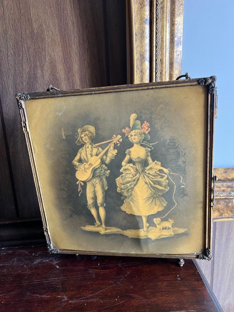 Antique Triple Vanity Mirror Beveled Glass Folding Wall Mirror Rococo Style Romantic Couple Print Brass Frame French Victorian Decoration