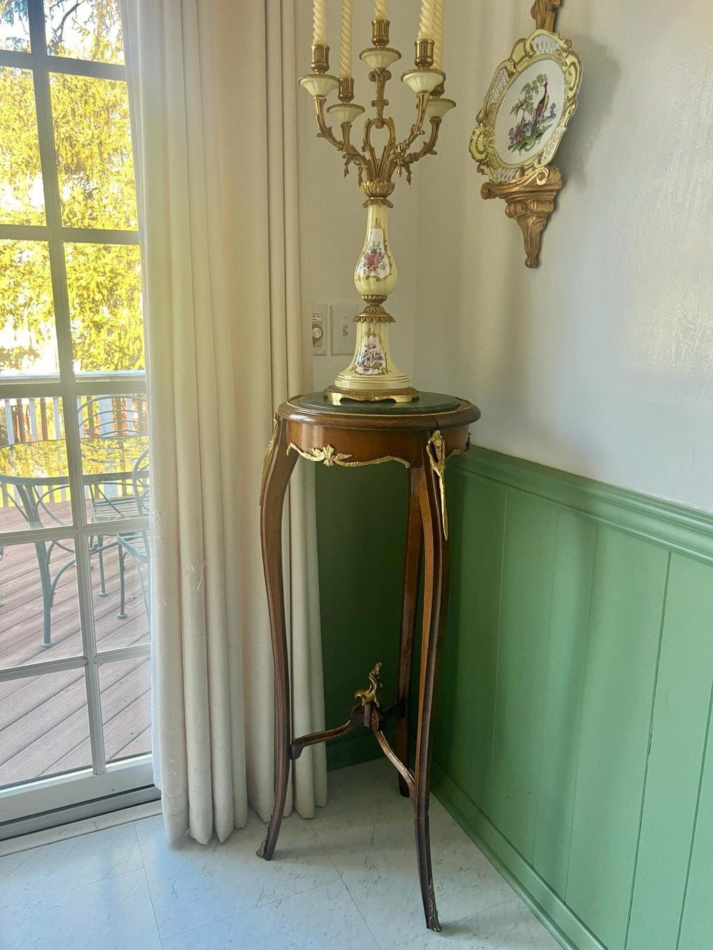 Antique French Candelabra Pair Porcelain Floral Gilt Bronze Five Arm Candle Holders Rococo Style Elegant Table Mantel Centerpiece Decor