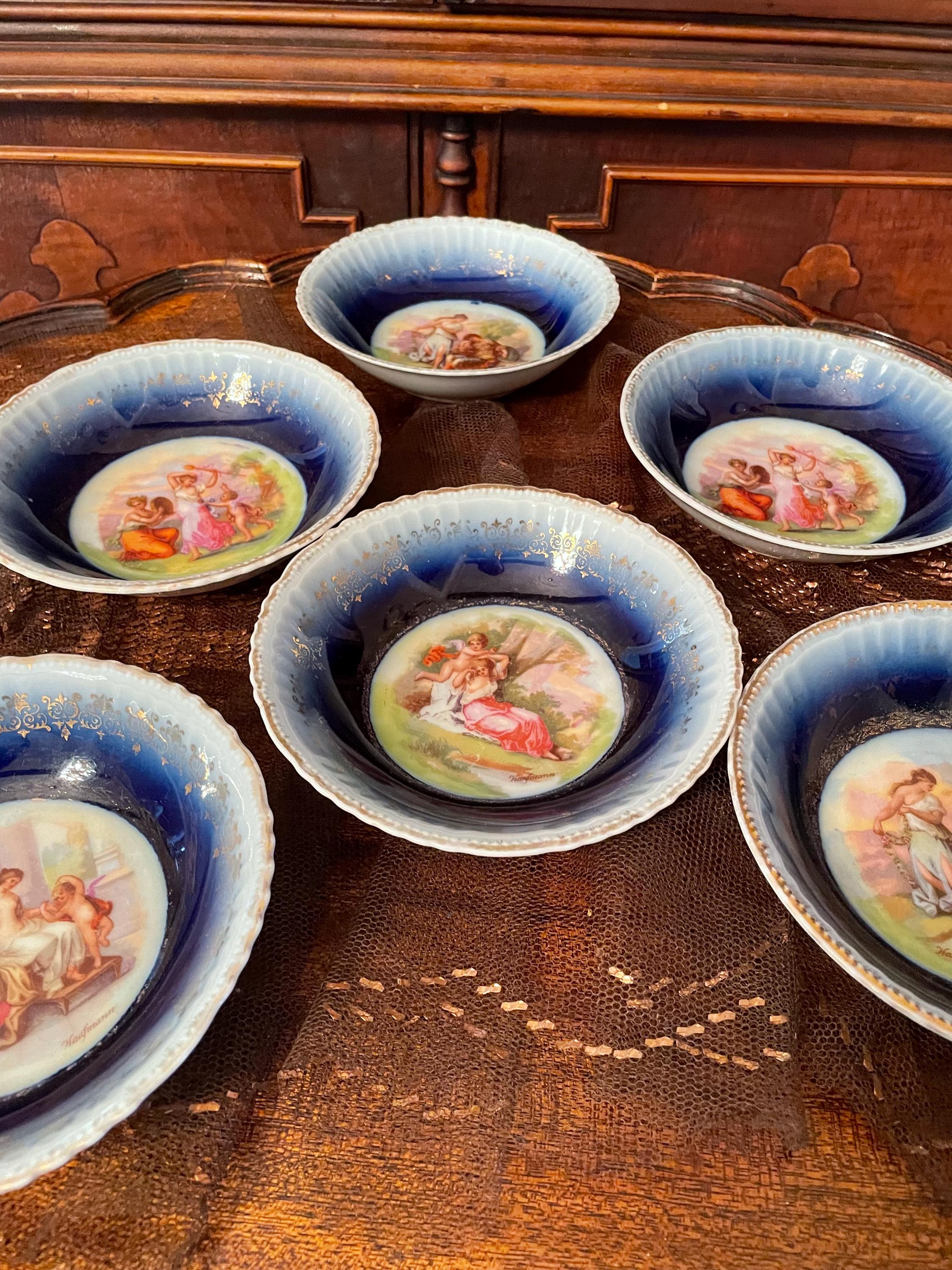 Vintage Cobalt Blue Porcelain Bowl Set Mythological Romantic Scenes Gold Trim Embossed Edges Decorative European Tableware Art Collectible
