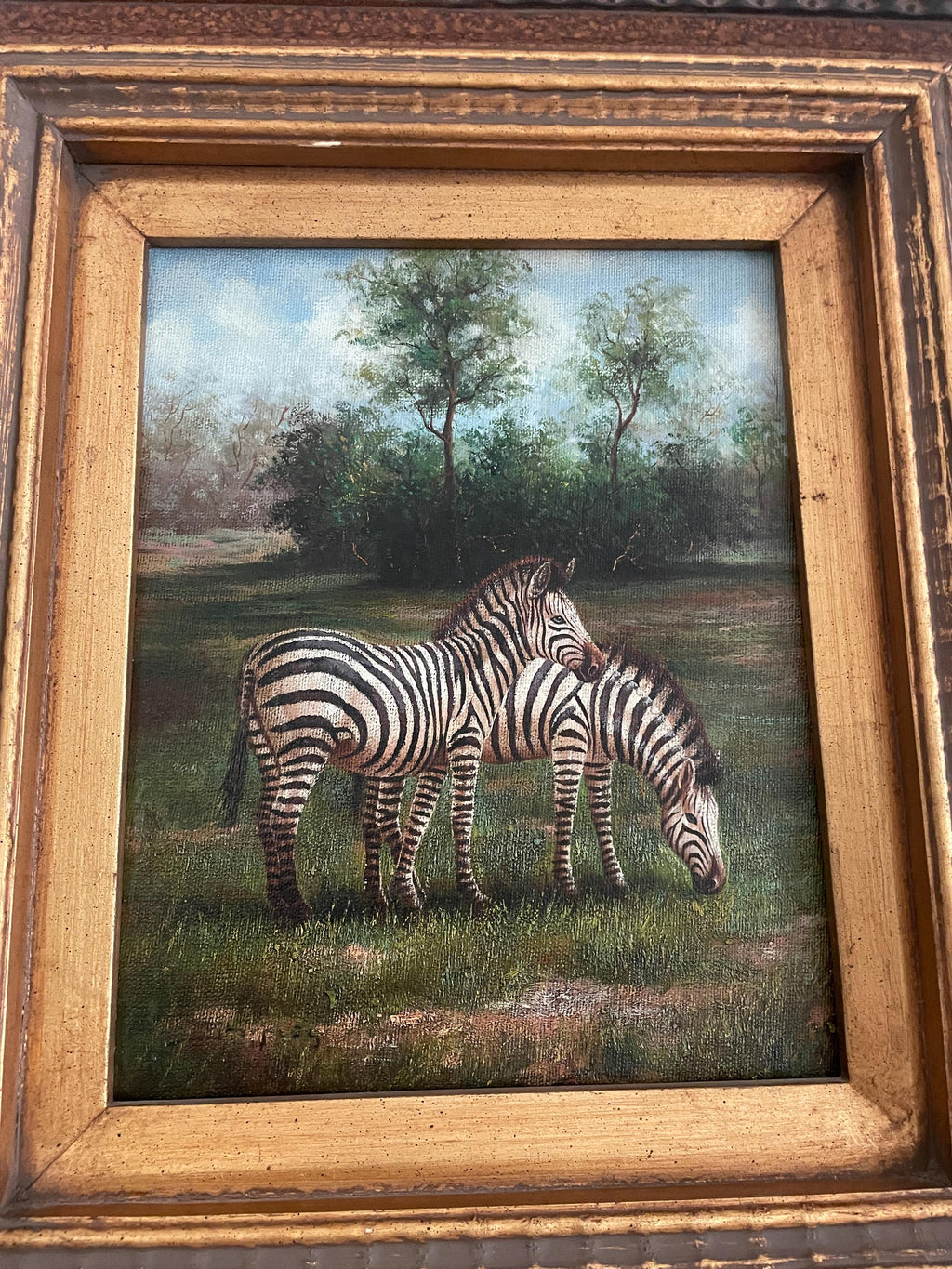 Vintage Matching Hand-Painted Vase Framed Oil Painting Set Zebra Art Wildlife Vase Set Same Artist Wall Art Wood Frame Floral Animal Motifs