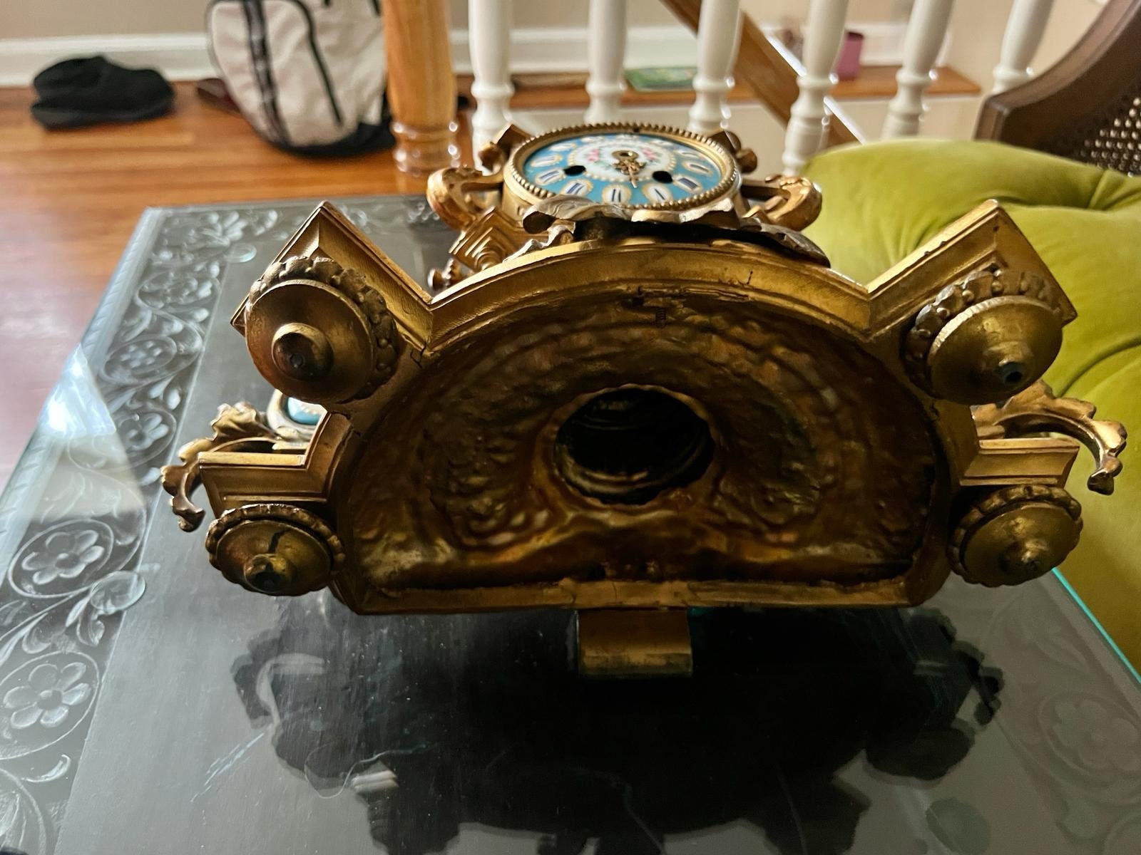 Antique French Bronze Cherub Mantel Clock Blue Porcelain Accents Rococo Gilt Rare Old Home Decor Unique Collectible Table Decoration