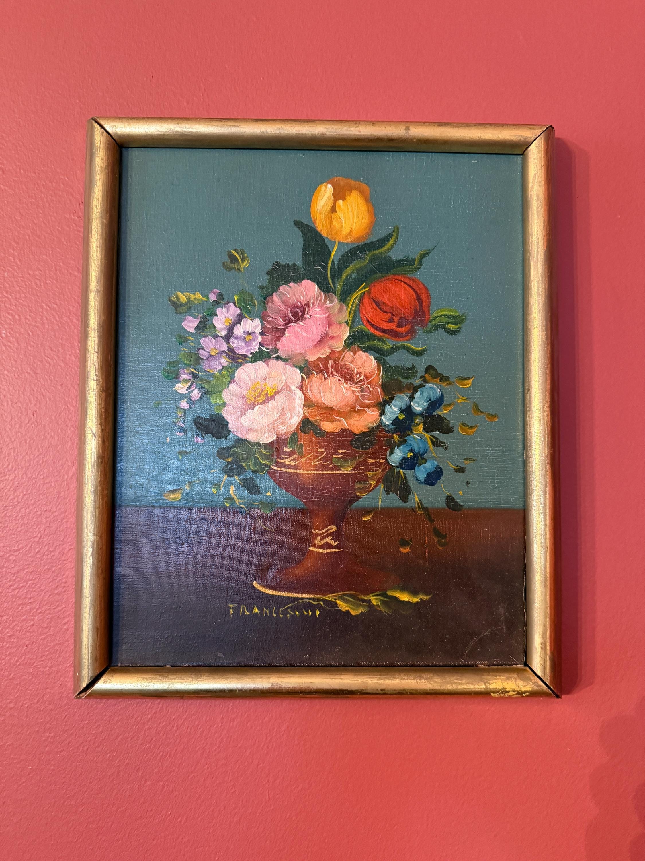 Vintage Floral Oil Painting Wall Art Collectible Signed Artwork Floral Still Life Oil Painting Francesco Wood Gilded Frame European Artwork